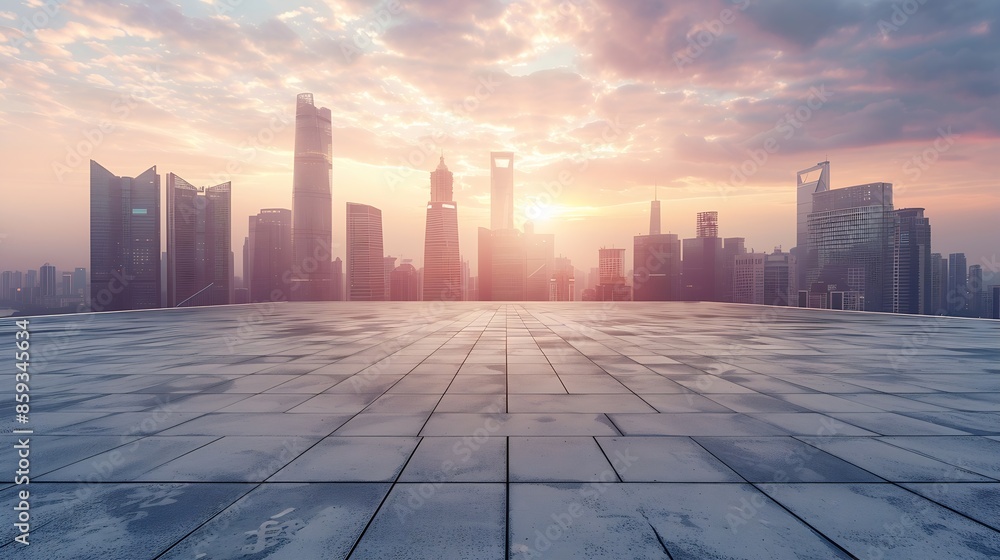 Empty square floor and city skyline with modern buildings at sunrise : Generative AI Empty square floor and city skyline with modern buildings at sunrise : Generative AI