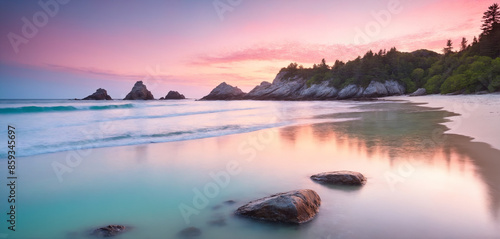 A serene seascape painting a vivid picture of a tranquil shoreline, with gentle waves lapping against weathered rocks and a pastel-colored sky reflected in the calm waters. © shabbir