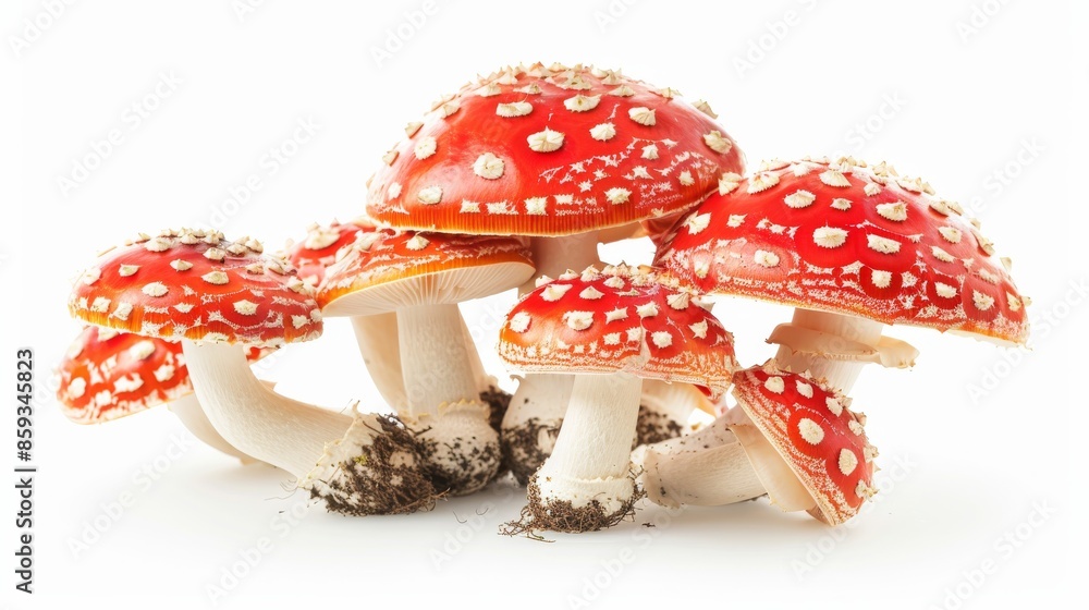 Obraz premium Cluster of red fly agaric mushrooms with white spots, isolated on white background. Nature and wildlife concept
