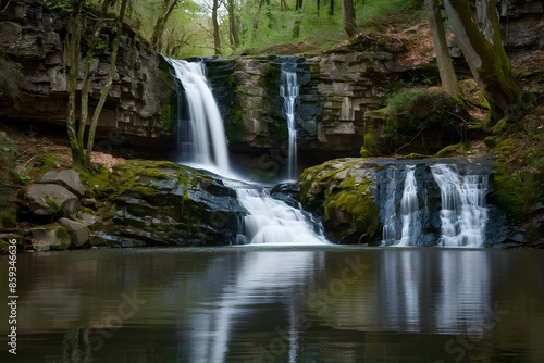 Tranquil woodland Waterfall splits over mossy rocks amidst lush green trees