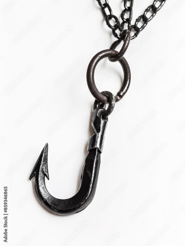 Black Metal Hook Attached to Chain on white background Black Metal Hook Attached to Chain on white background