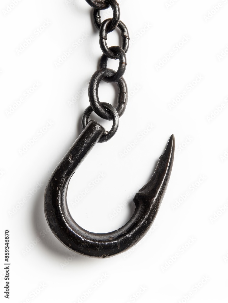 Black Metal Hook Attached to Chain on white background Black Metal Hook Attached to Chain on white background