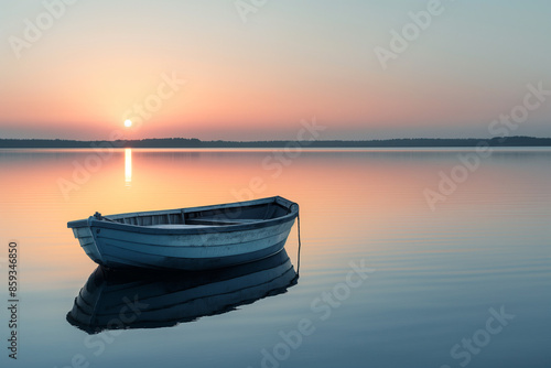 A solitary boat on a calm empty lake at sunset