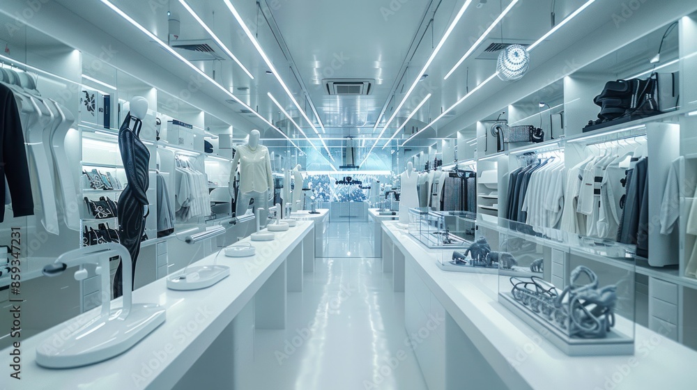 A futuristic fashion studio with 3D-printed clothing, designers working on innovative garments using advanced technology A futuristic fashion studio with 3D-printed clothing, designers working on innovative garments using advanced technology