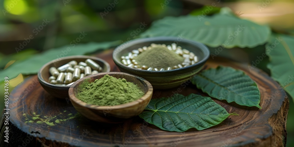 Fototapeta premium Kratom capsules and powder beautifully displayed on a wooden table with natural lighting. Concept Kratom Display, Natural Lighting, Wooden Table, Capsules, Powder