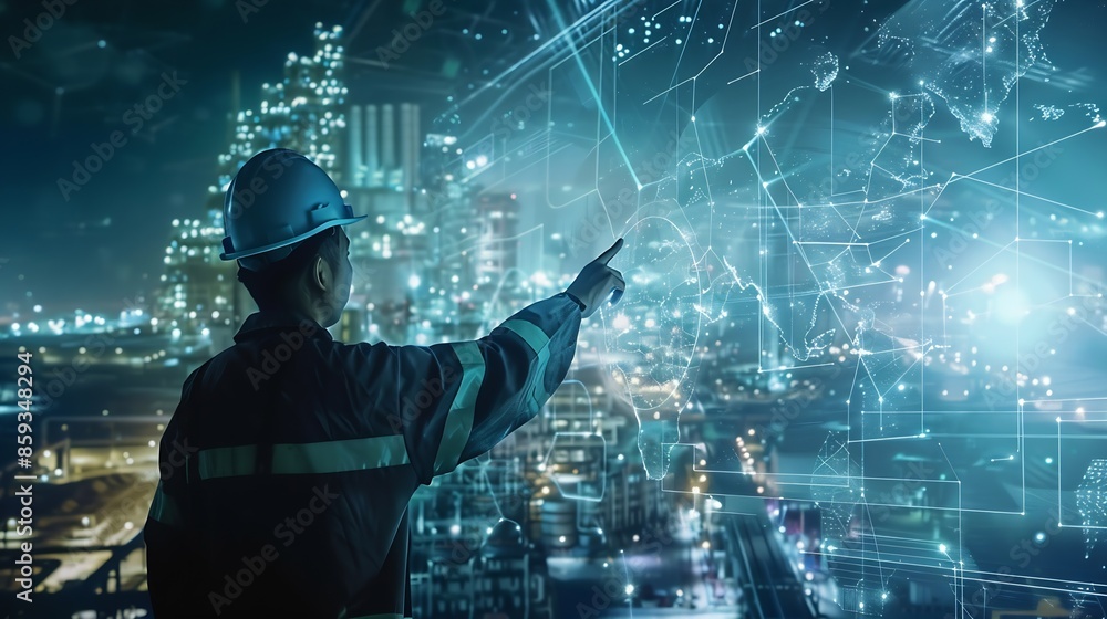 Double exposure engineer worker industry point to hologram info graphic show hi technology industry business of worldwide and hitechnology international industry business concept : Generative AI Double exposure engineer worker industry point to hologram info graphic show hi technology industry business of worldwide and hitechnology international industry business concept : Generative AI