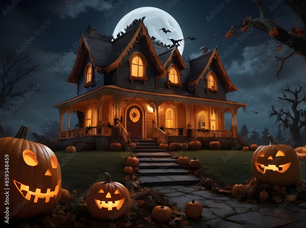 cinematic scene of halloween house, carved pumkins, cinematic scene of halloween house, carved pumkins,