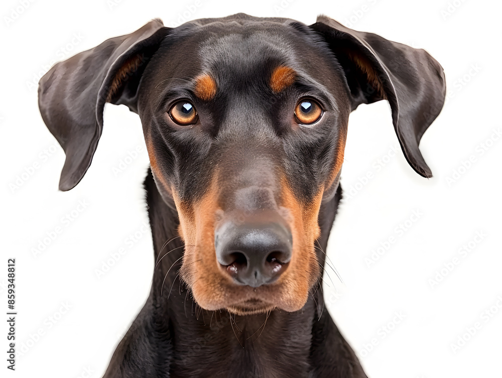 Closeup portrait of Dog doberman sitting in front of camera isolated on background Closeup portrait of Dog doberman sitting in front of camera isolated on background