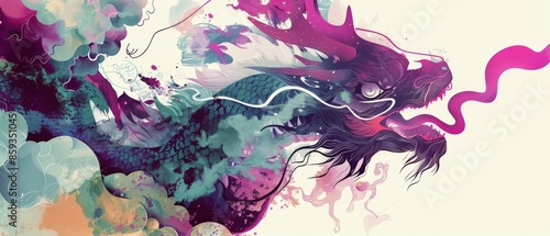 Vibrant Psychedelic Digital Illustration of a Dragon with Abstract Elements in Purple, Pink, and Teal Tones