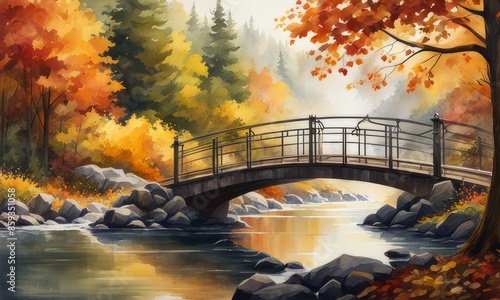 autumn landscape.Watercolor landscape.Watercolor illustration.Trees covered by river with bridge. The reflection of bridge and trees in water. 