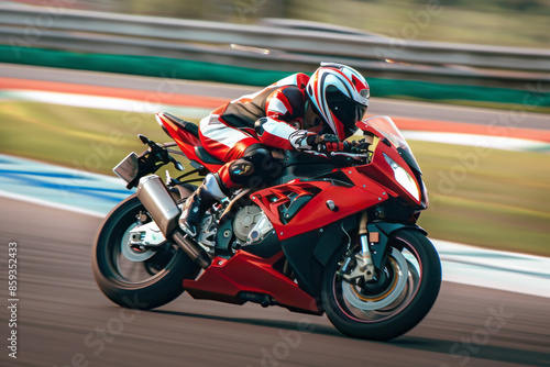 Super Motorcycle racing on the track while riding a fast red sports bike close up
