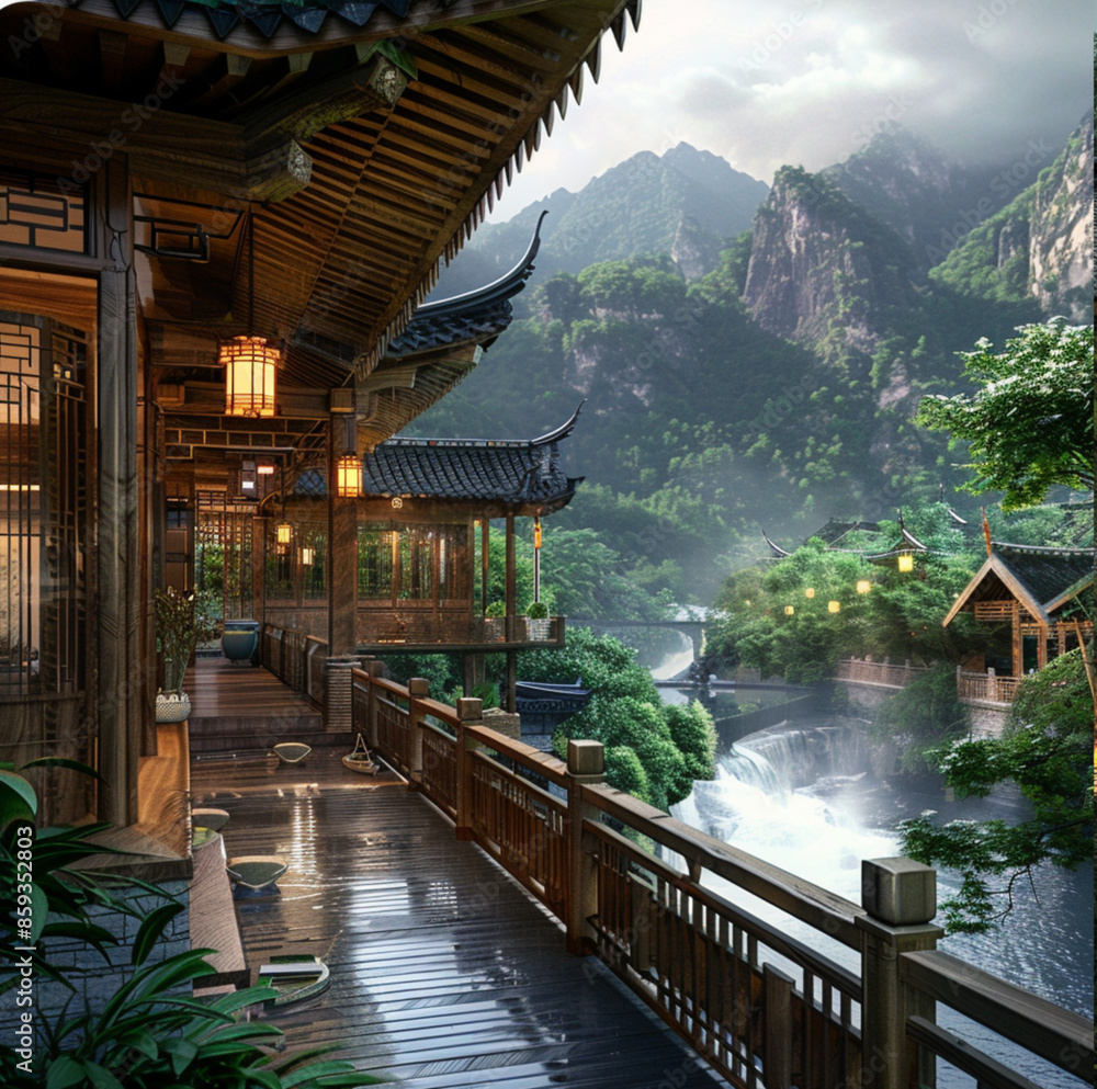 Obraz premium a traditional Chinese style wooden small house with a view of nature, mountains, and streams.
