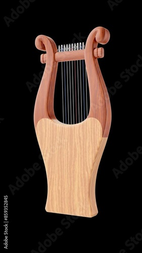 Hebrew Lyre - Kinnor. A stringed musical instrument Kinnor in modern appearance. 3D rendering model cyclically rotating around its longitudinal axis at 360 degrees isolated on transparent background.