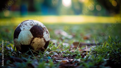 Bola de futebol na grama verde em um campo de futebol com um gol no fundo com efeito de desfoque, campo de atletismo, dia de jogo , equipamentos esportivos, holofotes photo