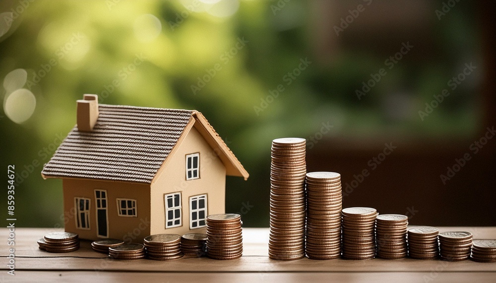 stacks coins in front of a model home stacks coins in front of a model home