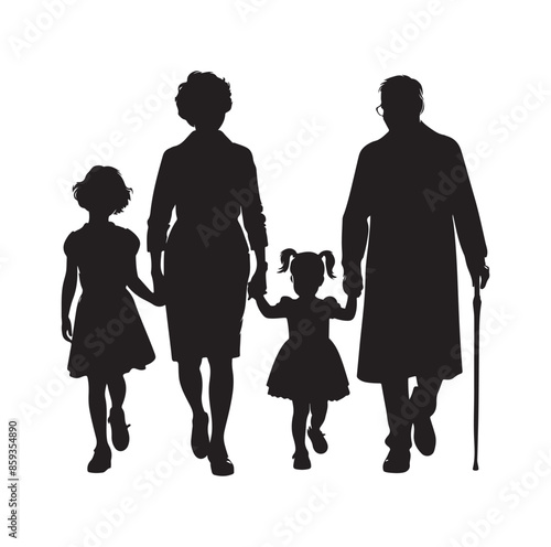 grandparents walking with granddaughter vector silhouette Illustration 