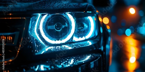 LED automotive headlight glowing white and blue against dark background. Concept Car Photography, Automotive Lighting, LED Headlight, Night Photography, High Contrast Shot