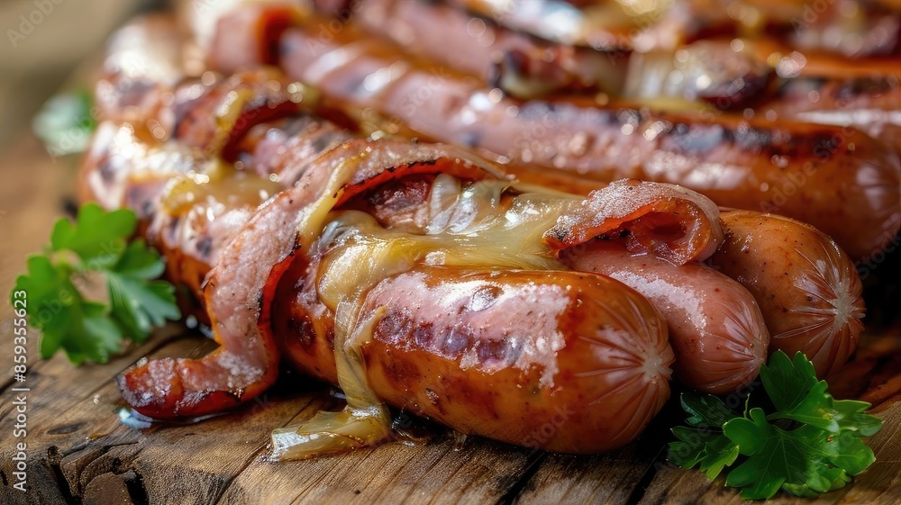 Grilled sausages topped with caramelized onions on a wooden board, garnished with fresh parsley. Delicious barbecue food, perfect for outdoor gatherings. Grilled sausages topped with caramelized onions on a wooden board, garnished with fresh parsley. Delicious barbecue food, perfect for outdoor gatherings.