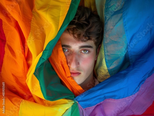 Medium shot of man wearing t-shirt with lgbt flag, themed background, bright tonality. 