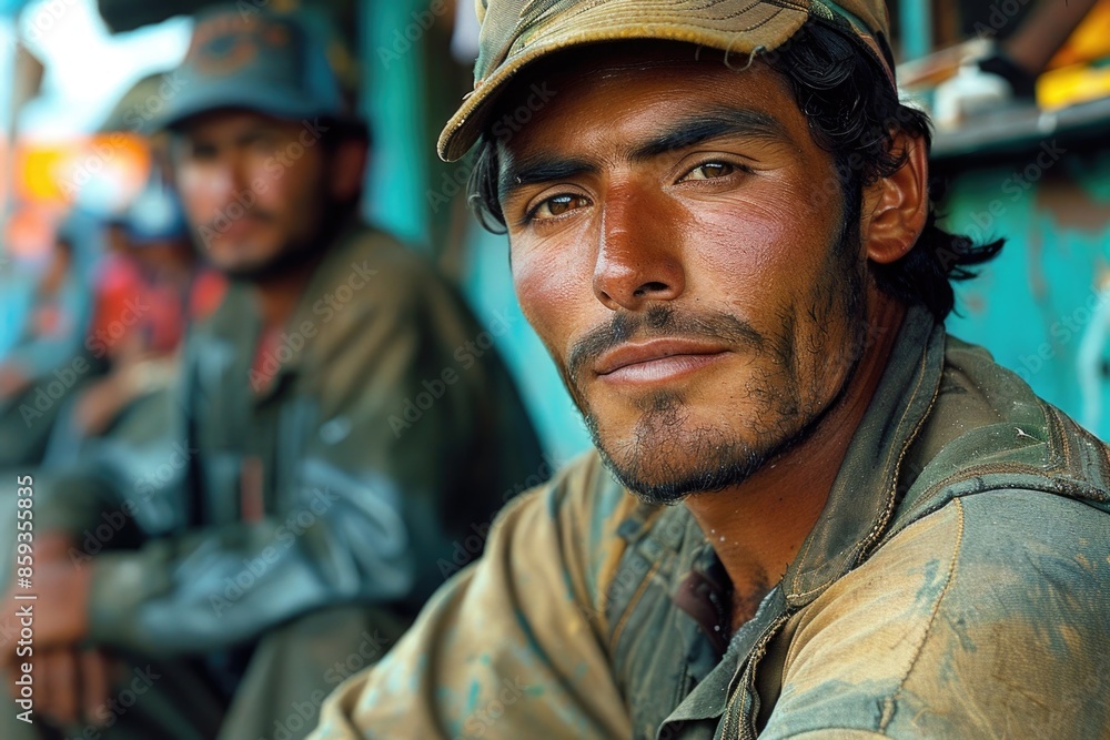 A young Mexican man working sits on the sidewalk and looks at the camera. A young Mexican man working sits on the sidewalk and looks at the camera.