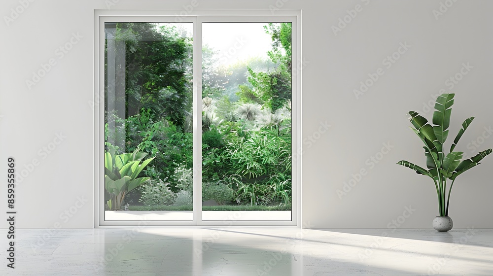 Elegant Glass Door Framed by Minimalist Architecture Leading to Lush Garden with Copy Space Elegant Glass Door Framed by Minimalist Architecture Leading to Lush Garden with Copy Space