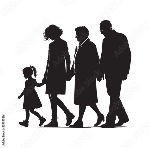grandparents walking with granddaughter vector silhouette Illustration 
