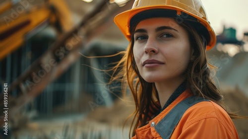 Image of woman wearing helmet at construction site High resolution. realistic depth of field © DoDo Studio