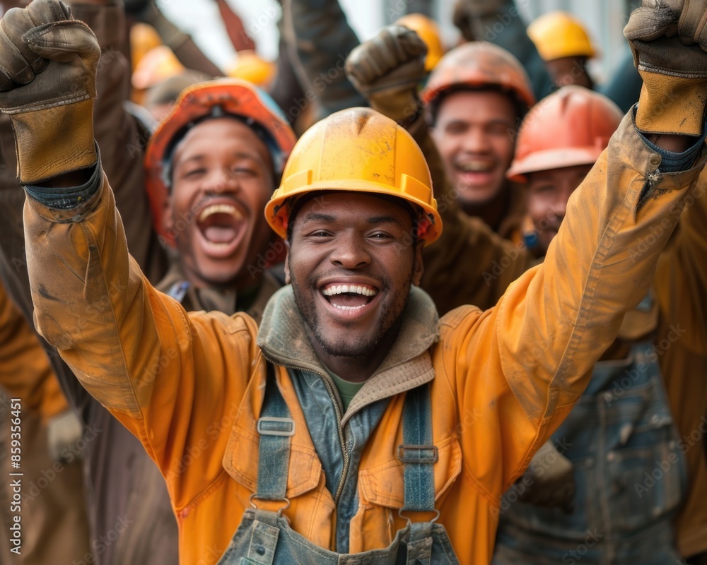 Construction workers at a construction site show joyful gestures to express their congratulations. Construction workers at a construction site show joyful gestures to express their congratulations.