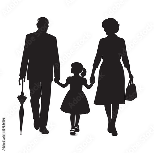 grandparents walking with granddaughter vector silhouette Illustration 