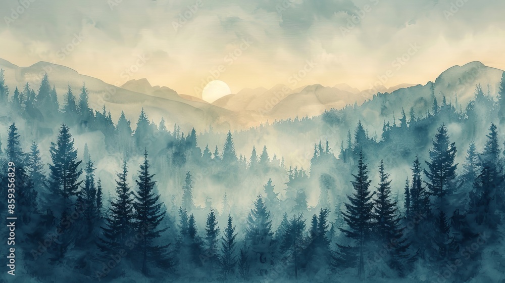 Obraz premium Misty mountain forest landscape at sunrise, serene nature scene