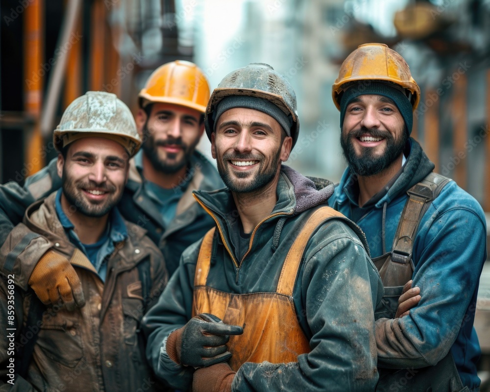 Portrait of a smiling group of four construction workers at a small construction site