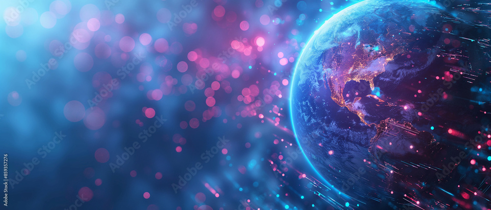 drop Earth, technology and global network concept, digital data transfer on a blue gradient color background drop Earth, technology and global network concept, digital data transfer on a blue gradient color background