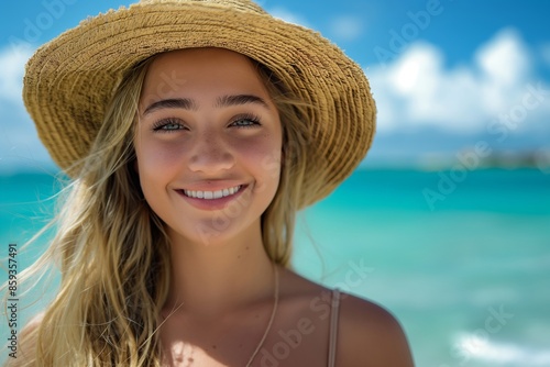 Portrait of a beautiful young woman in a straw hat smiling at the camera on a tropical beach, with a blue sky and white sand background. Summer vacation concept.