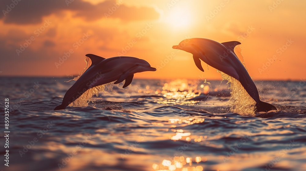 Two dolphins jumping out of the ocean at sunset. Two dolphins jumping out of the ocean at sunset.