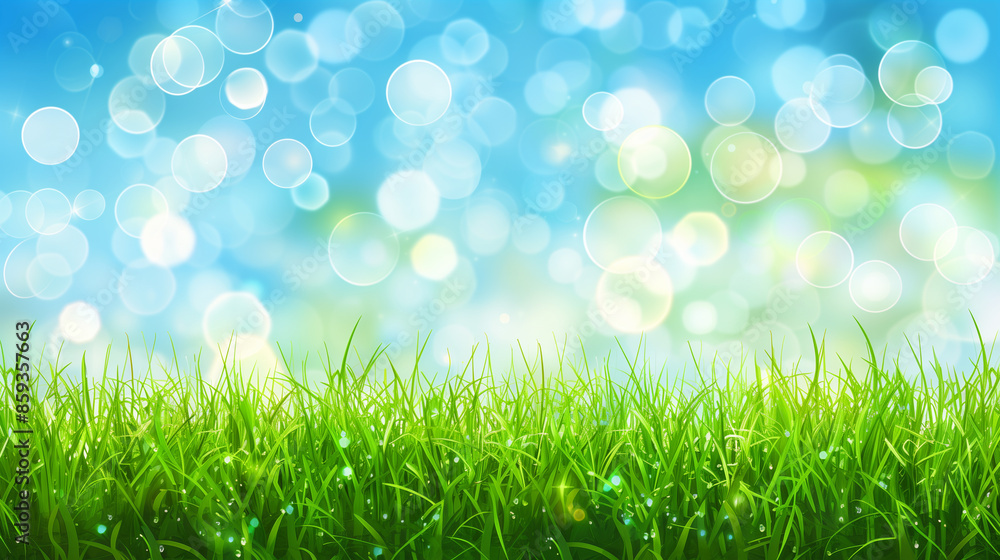 Bokeh lights over a field of vibrant green grass under a blue sky. Bokeh lights over a field of vibrant green grass under a blue sky.