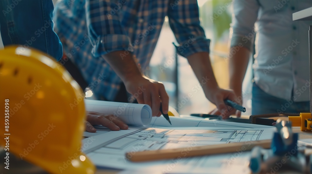 Team of engineers reviewing blueprints Sketch of a new construction project with engineering tools at office desk For improvement of house designs in mortgage rent sale real estate : Generative AI Team of engineers reviewing blueprints Sketch of a new construction project with engineering tools at office desk For improvement of house designs in mortgage rent sale real estate : Generative AI