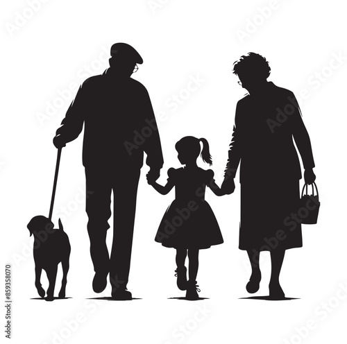 grandparents walking with granddaughter vector silhouette Illustration 