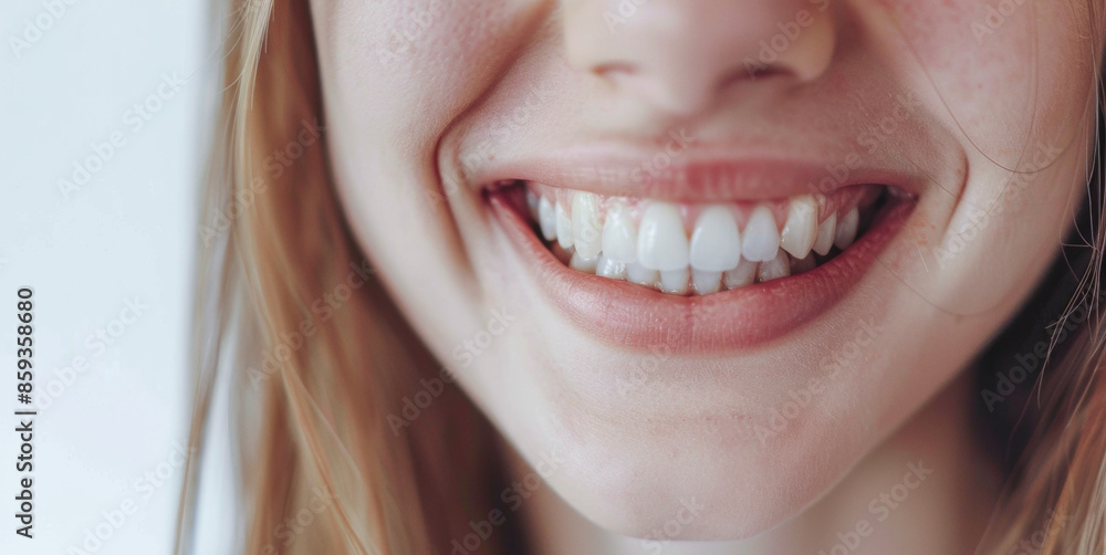 Obraz premium Bright Smile with Perfect White Teeth Close-Up: Woman with Brilliant Smile with Red Lips and White Teeth - Dental Health and Aesthetic Concepts