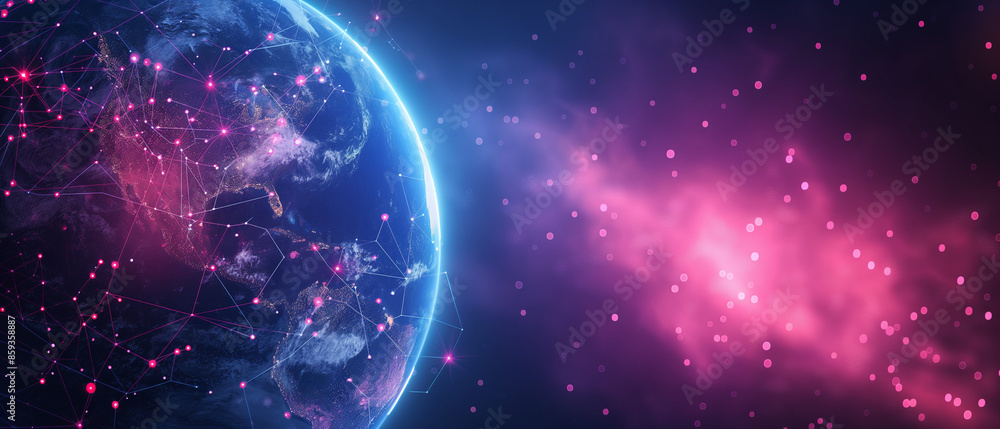 Earth, technology and global network concept, digital data transfer on a blue gradient color background Earth, technology and global network concept, digital data transfer on a blue gradient color background