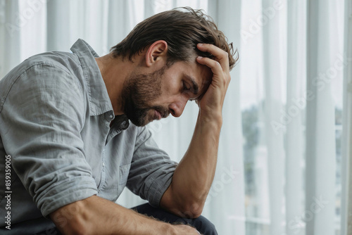 Man with headache is sitting on a chair with his hands on his head. He looks sad and is frowning