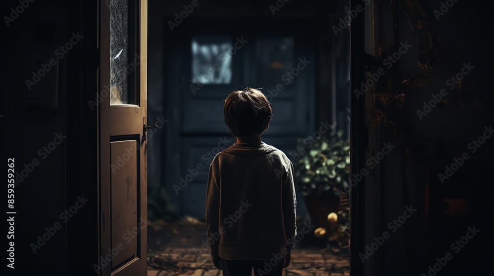 Child Looking Out the Door A little boy with an upset face Child Looking Out the Door A little boy with an upset face