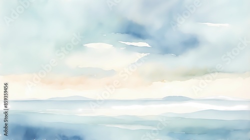 Abstract Watercolor Painting of a Coastal Landscape With a Blue Sky and Ocean