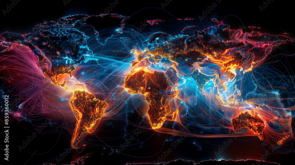 World map with constantly shifting lines and data streams. ilustração ...