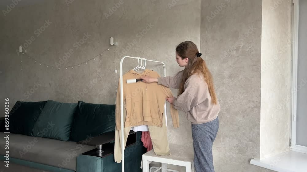 Young woman using lint roller to clean clothes in a modern living room, maintaining wardrobe cleanliness Young woman using lint roller to clean clothes in a modern living room, maintaining wardrobe cleanliness