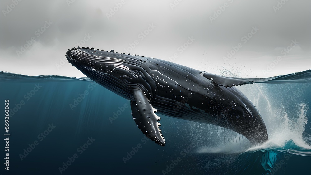 Fototapeta premium A vibrant wallpaper featuring a majestic whale surrounded by colorful sea life in a serene underwater scene. 
