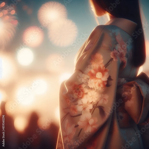Kimono girl Under Summer Firework Lights with Generative AI. photo