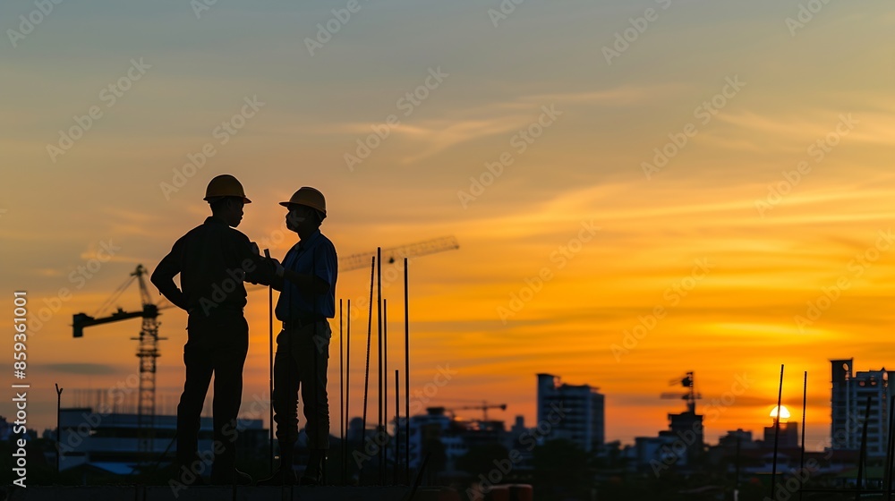 Fototapeta premium Silhouette of Engineer and foreman worker checking project at building site construction site blurred sunset in evening time background : Generative AI