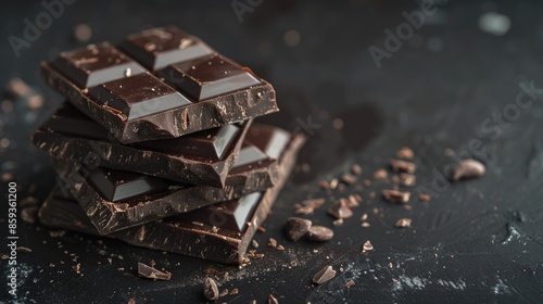 Gourmet dark chocolate bars on a dark background, capturing the essence of refined indulgence.