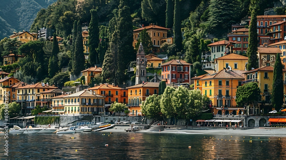 Obraz premium Varenna Italy Picturesque town at lake Como Colourful motley Mediterranean houses at stone beach coastline among green trees Popular health resort and touristic location Summer day lan : Generative AI