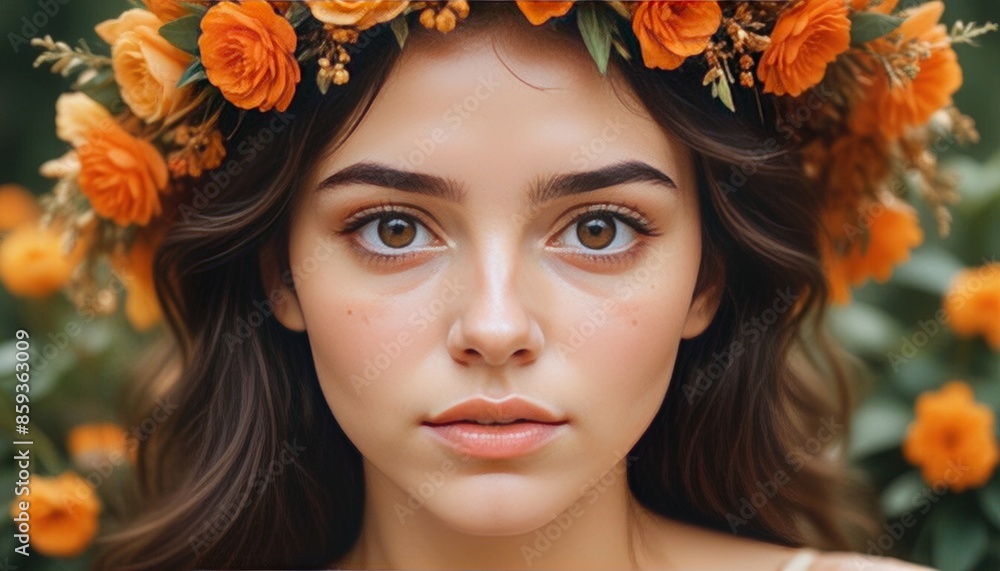 Naklejka premium close-up photograph of a young woman artfully arranged floral